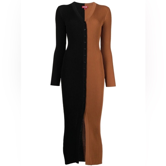 Staud Two-Tone Black and Brown Ribbed Dress - Picture 2 of 4